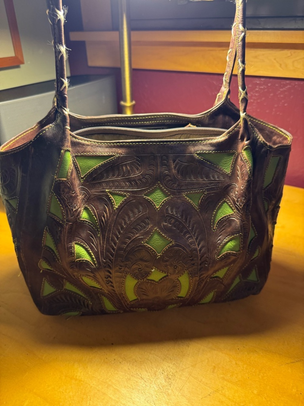 Leaders in Leather - Brown Tooled Leather purse with Green Accents